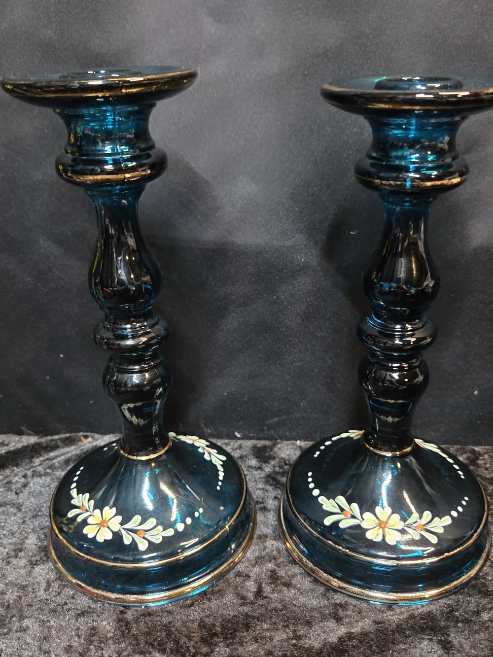 Tiffin Glass Candlestick Holders Peacock Jasper Blue Hand Painted Made In USA